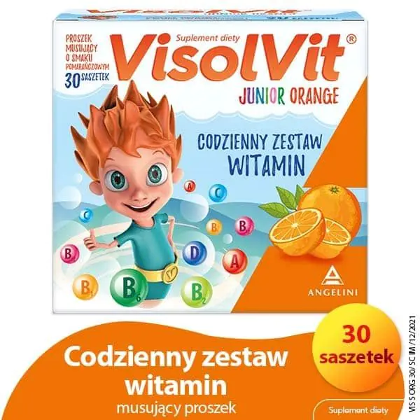 Visolvit Junior Orange, Zestaw witamin w saszetkach dla dzieci powyżej 3. roku życia, Smak pomarańczowy