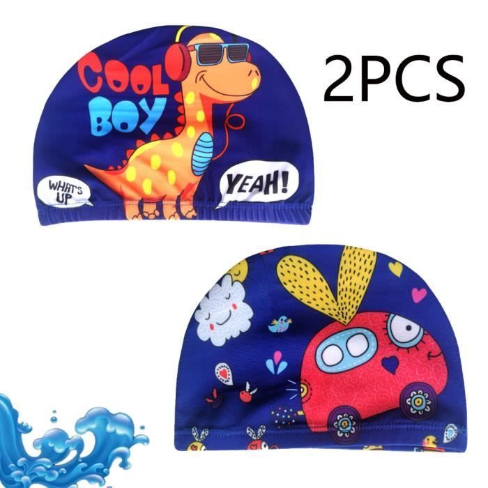 Children's Swimming Cap, 2-Piece Set, Kids Swimming Caps, Cartoon Print Pool Hats, for Short Hair