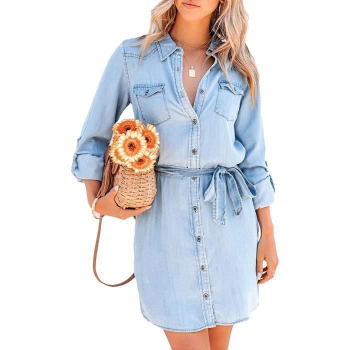 Femme Été Denim Robe Manches Longues Tunique Robe Chemisier en Jean Casual Bouton Mini Robe Blouse Dress avec Ceinture Bleu clair