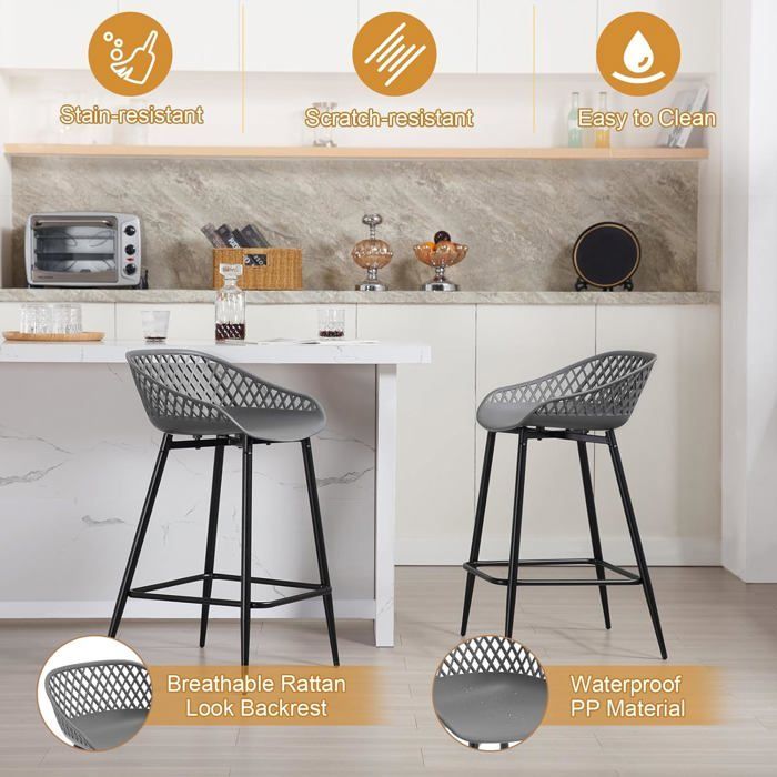 WOLTU Lot de 4 Tabourets de Bar, Chaise Haut, Dossier Ajouré, Siège Plastique, Pieds Métalliques, Gris W0ATT0604-4