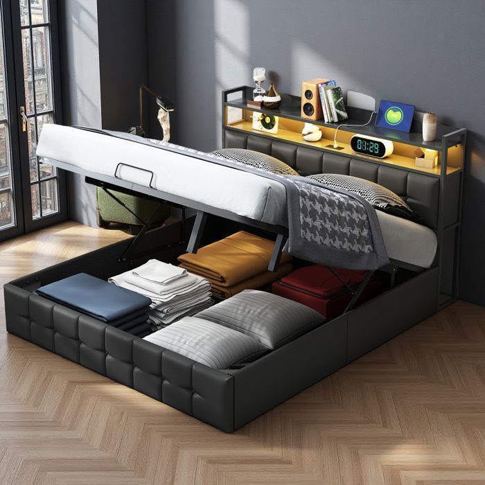 Cama con almacenamiento de 140x190 cm, USB, LED RGB, tela de PU, estructura de cama doble, cama para adultos, color negro.