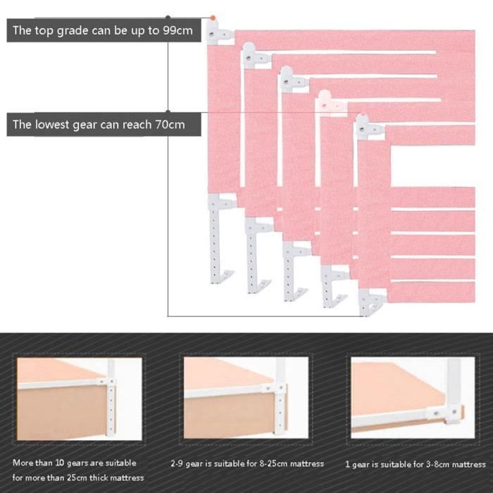 ERROLVES® Barrière de lit pour Sécurité de bébé, Rose - 180 cm, Protection enfant contre chutes, hauteur réglable 70-105cm