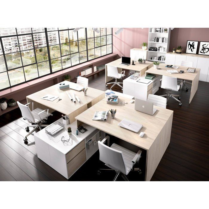 Escritorio Dmora - Andor, 139 x 92 x 75 cm, blanco brillante, roble, panel efecto madera.