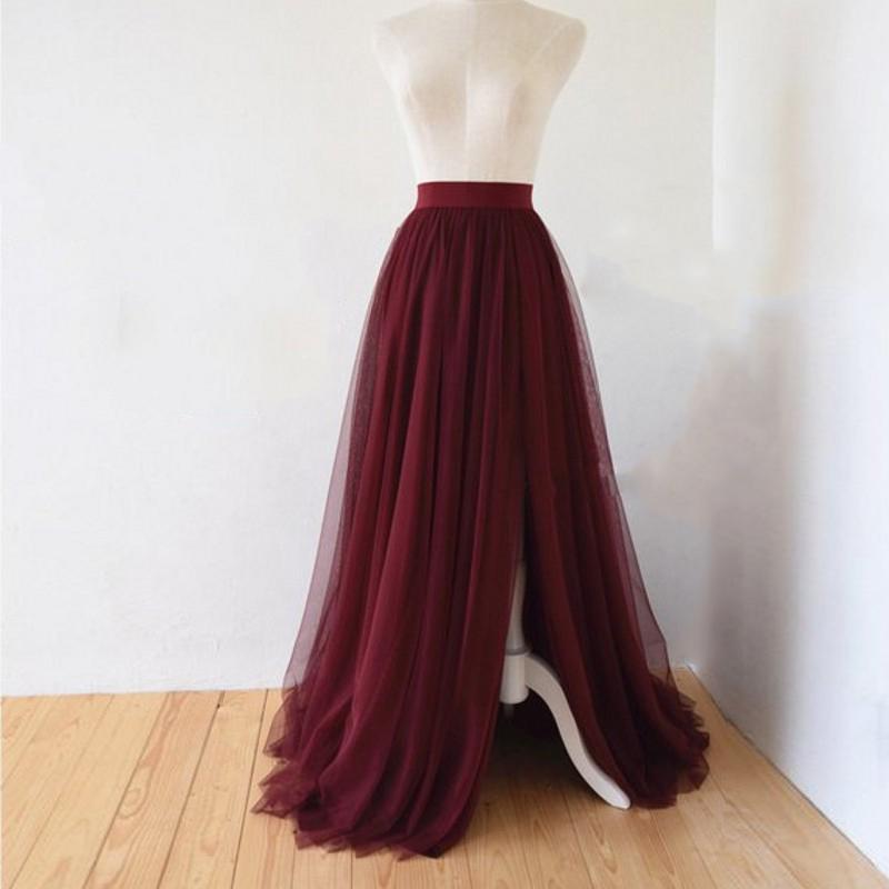 Jupe longue maxi en tulle bordeaux pour femme, coupe trapèze, fente latérale, 5 couches de tulle, taille élastique, tutu.