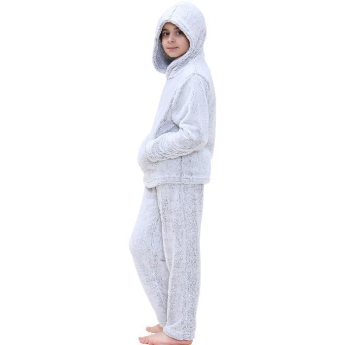 Pijamas infantiles de felpa gruesa y suave para niñas y niños, color gris, de 5 a 13 años.