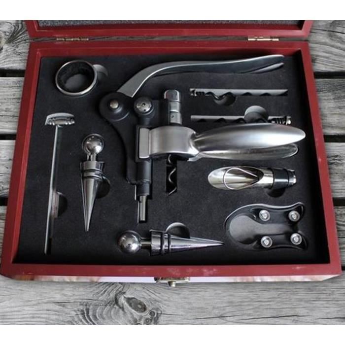 Juego de accesorios para caja de vino de madera antigua, sacacorchos, tapón, aireador y vertedor (9 piezas)