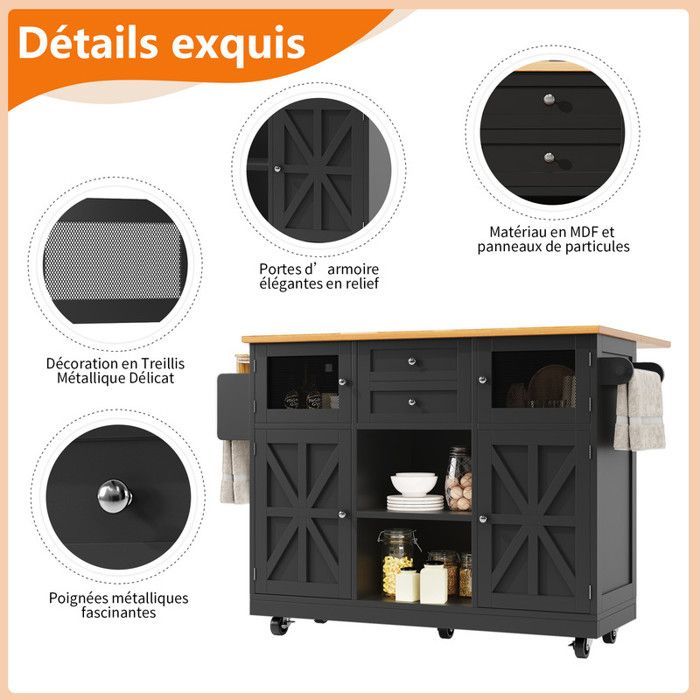 Desserte de Cuisine - Noir - Plateau Extensible 70x120 cm - 5 Roues Pivotantes - 2 Tiroirs Profonds