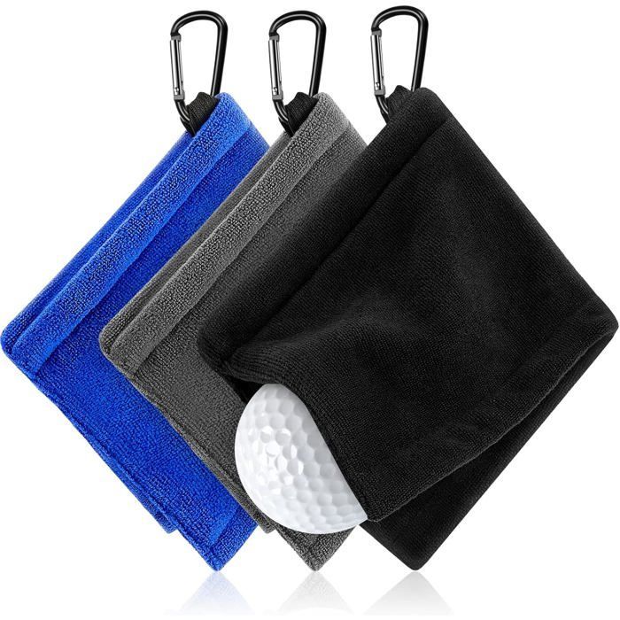 Lot de 3 serviettes golf microfibre - Format poche 14 cm avec clip - Nettoyage équipement/sac - Unisexe - Noir/Gris/Bleu