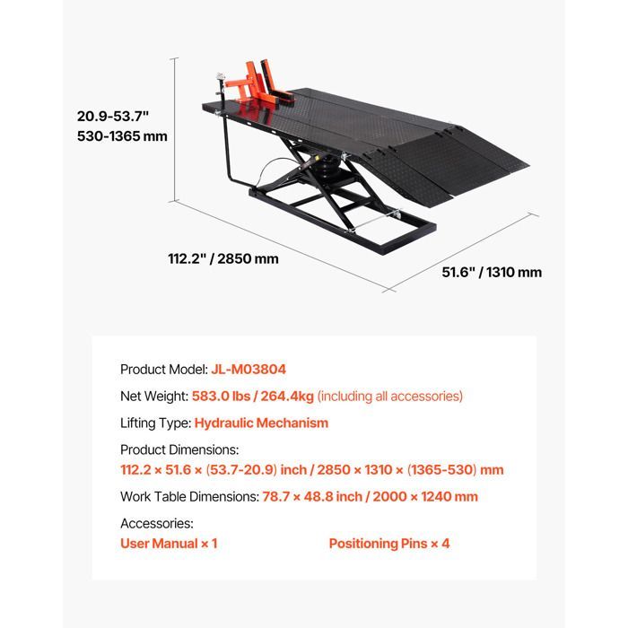 Gato para motocicletas Duoku - con capacidad de carga de 680 kg - Elevador neumático - Altura de elevación de 18 a 94 cm - Mesa elevadora para motocicletas