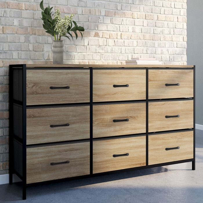 IDMARKET UTAH stoffen ladekast met 9 laden, 115 cm, opbergmeubel in industrieel design
