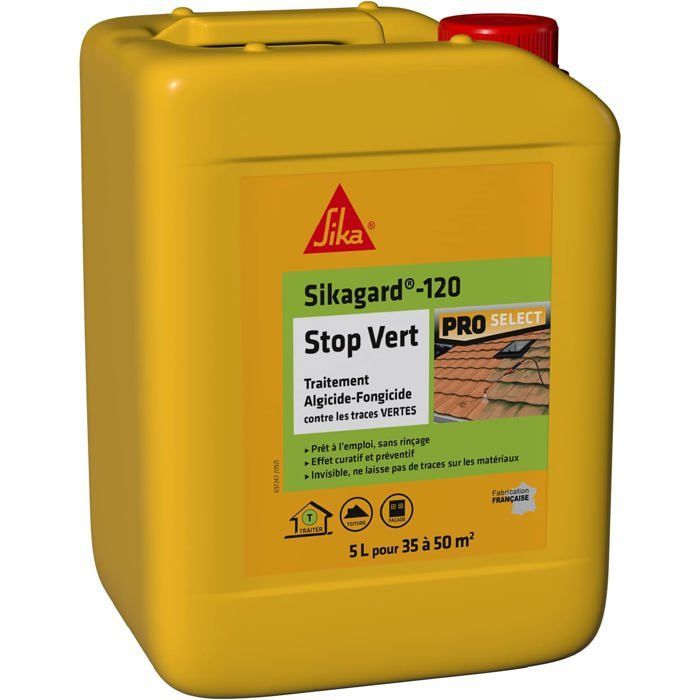 Traitement algicide et fongicide - Nettoyant désincrustant - Sikagard 120 Stop Vert - Prêt à l'emploi - Elimine algues - 5L