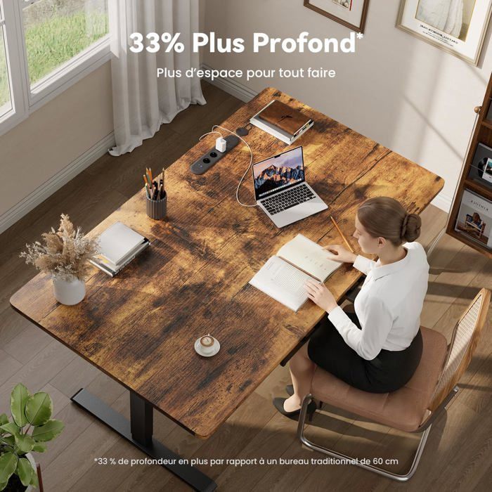 HLONONE Electric Sitting and Standing Desk, 140 x 80 cm, with Integrated Power Outlet, 2 Removable Drawers, USB-C Port, Brown