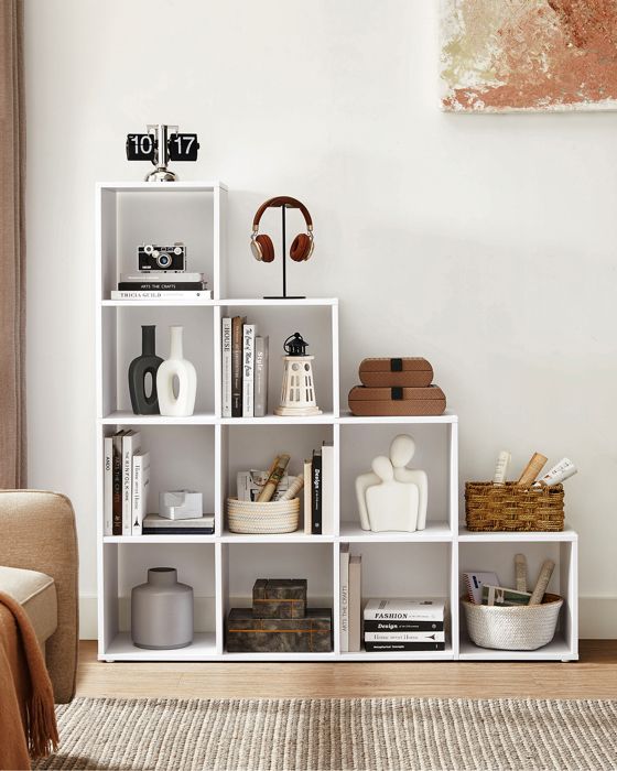 VASAGLE 10-Compartment Bookshelf, Shelving Unit with Open Shelves, Storage Cabinet, 29 x 129.5 x 129.5 cm, White