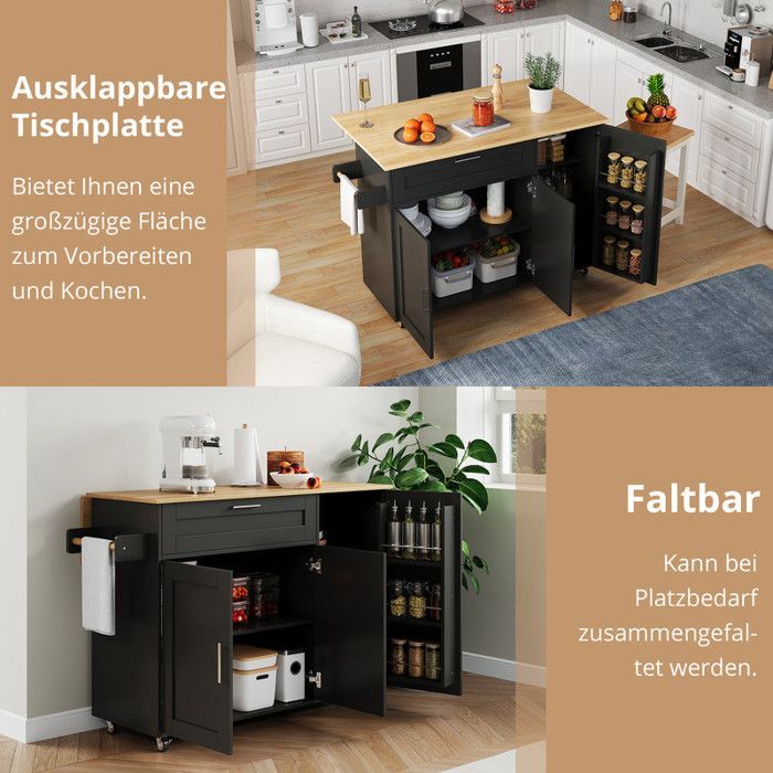 Mobile kitchen table - 132.5x44(70)x90 cm - Folding top - Oak grain - 5 casters