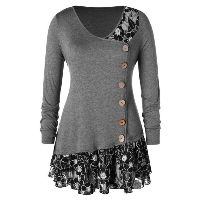 Camisa de manga larga para mujer, estilo casual de otoño, color liso, tops para mujer, encaje, patchwork, dobladillo, botones, blusa holgada, talla grande 5XL.