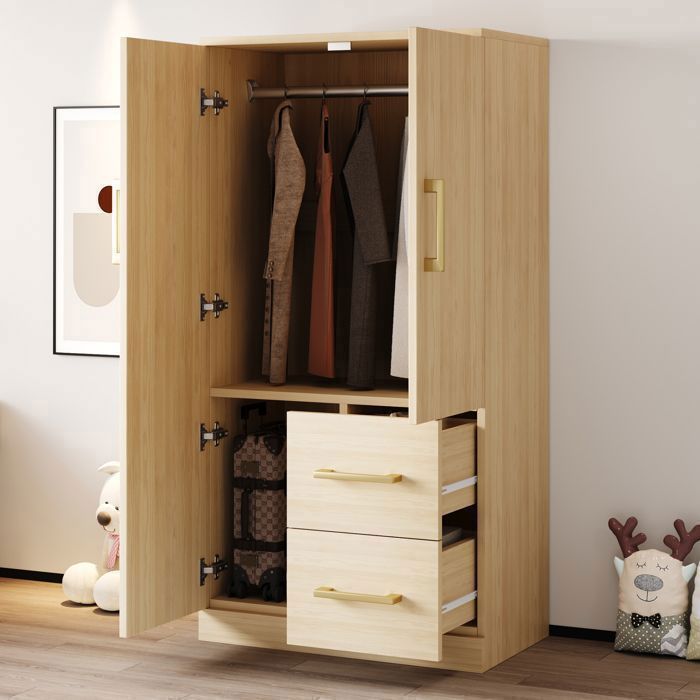 Kleiderschrank 70 x 40 x 135 cm, Doppeltür-Design mit Schubladen und Staufächern, Kleiderschrank für Einzelbett