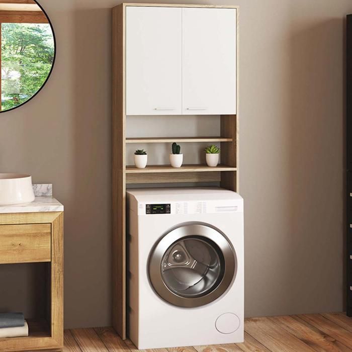 IDMARKET WALLIS white and beech storage unit above washing machine and toilet