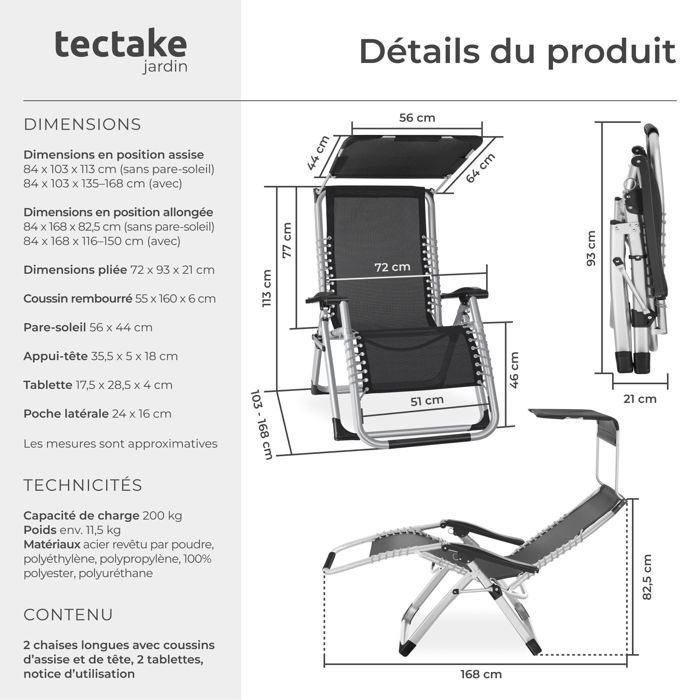 Lettini prendisole - TECTAKE - Set di 2 lettini prendisole pieghevoli CLOUD II con parasole regolabile, schienale e poggiapiedi - Grigio chiaro