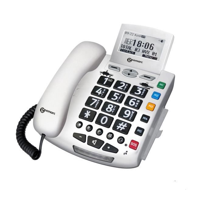 Teléfono con cable GEEMARC SERENITIES con botones grandes para personas mayores y mando a distancia de diseño.