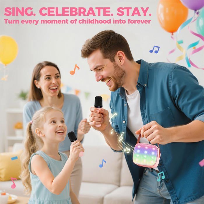 Set de micrófonos de karaoke para niños y adultos con 2 micrófonos inalámbricos, altavoz de karaoke Bluetooth portátil, luz LED de karaoke, regalo de Navidad para niños, juguete para niñas