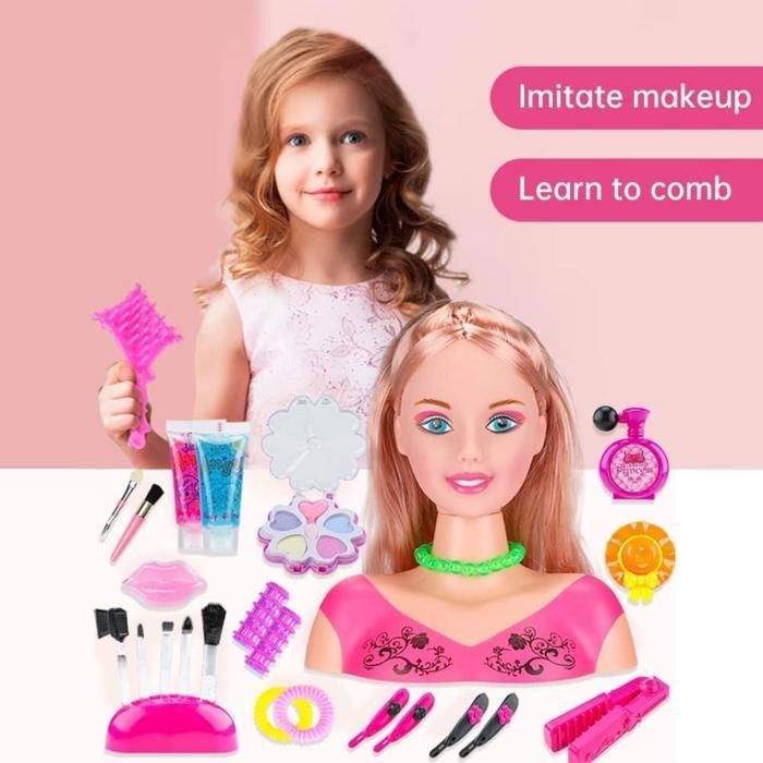 Conjunto de 35 cabeças de boneca para penteados e maquiagem, conjunto de acessórios, cabeças de boneca coloridas e realistas.