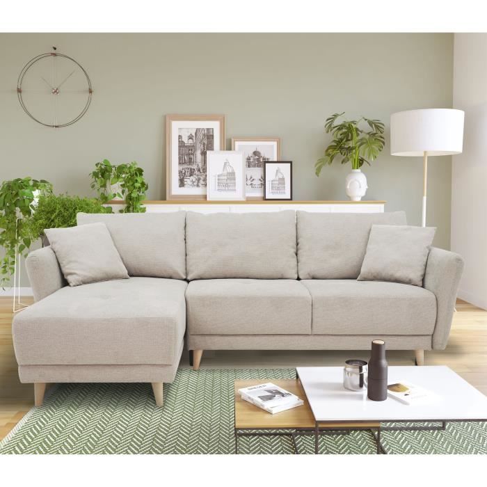 Sofá cama esquinero reversible CLAUDIUS de 3-4 plazas - Tela beige - Compartimento de almacenamiento - Ancho 244 x Profundidad 158 x Alto 95 cm