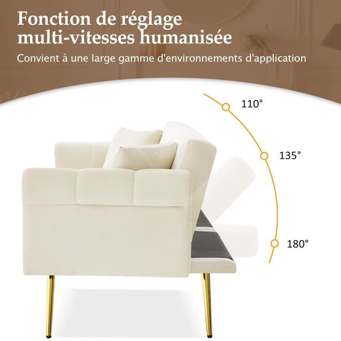 Sofá convertible - RAVAS - Sofá de 2 plazas - Terciopelo blanco - Respaldo ajustable - Espacio de almacenamiento