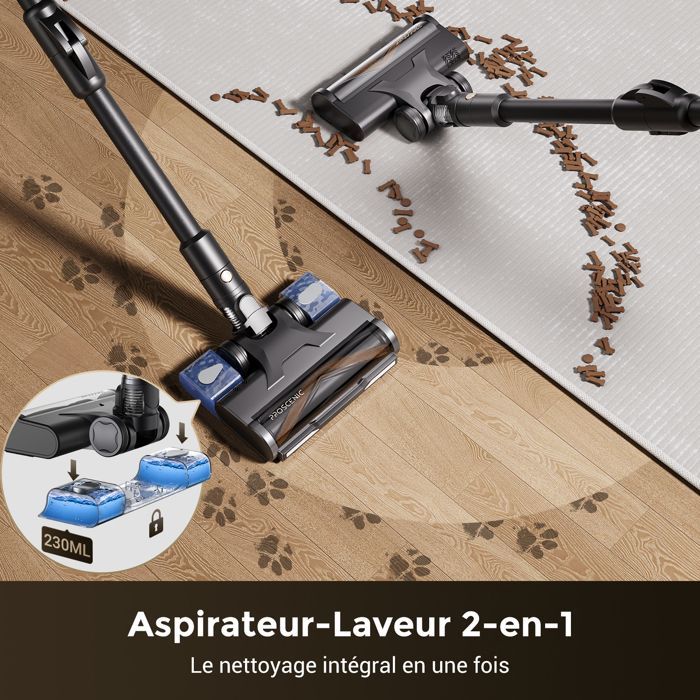 Proscenic Aspirateur balai sans fil P20 -Sec/Humide -80kPa/180AW-SmartSpeed™-70 Min-Tube Pliable à 180°- Auto-Portant -Poils animaux