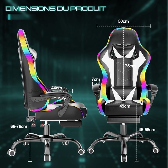 Sedia da gaming ergonomica con LED RGB, massaggio lombare e poggiapiedi – Sedia da gaming con poggiatesta regolabile – 180 kg, bianca