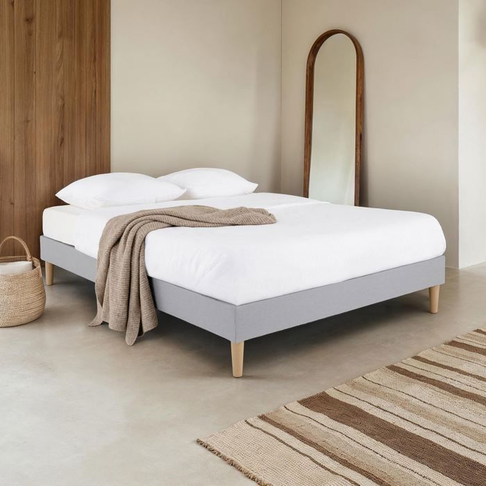 QUIMPER gestoffeerde bedbodem 140 x 190 cm, houten frame en grijze stoffen bekleding, bedframe met poten
