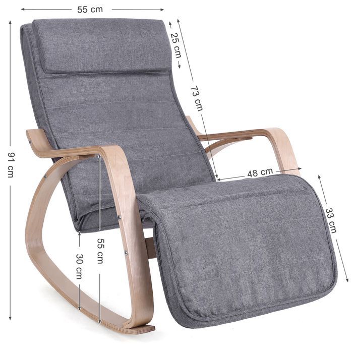 SONGMICS Fauteuil à Bascule, avec Accoudoirs en Bois, Repose-pieds Réglable en 5 Positions, Capacité 150 kg, Gris et Couleur Boisée