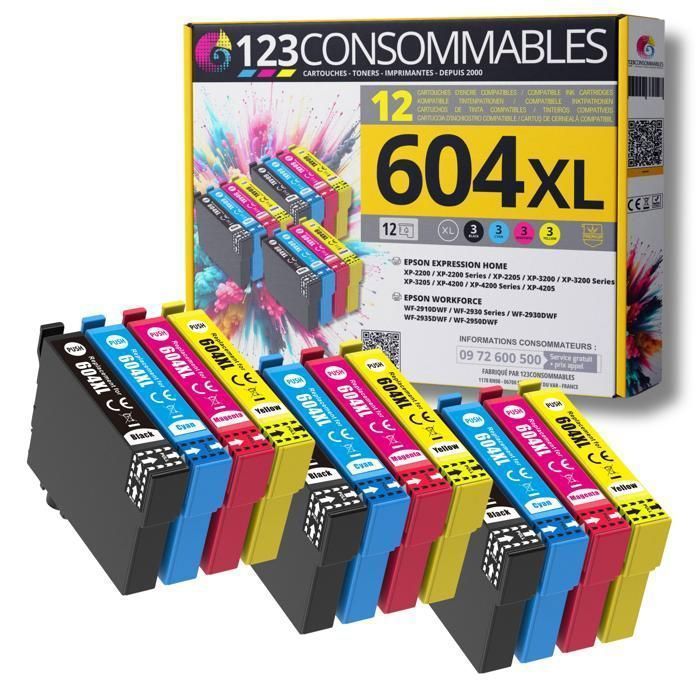 123CONSUMABLES - 604XL - Paquete de 12 cartuchos compatibles EPSON 604 XL para Epson XP-2200 XP-3200 XP-4200