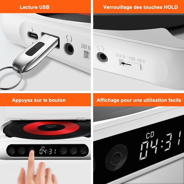 Bluetooth-CD-Player – Mini-CD-Player, tragbar, schlank und leicht – vielseitig – kompatibel mit CDs und USB – 135 x 135 x 25 mm, Schwarz