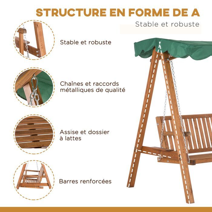 Balancelle de jardin - Outsunny - 3 places toit imperméabilisé 2 tablettes support charge 360 kg - bois pin - 1,9x1,3x1,85m - vert