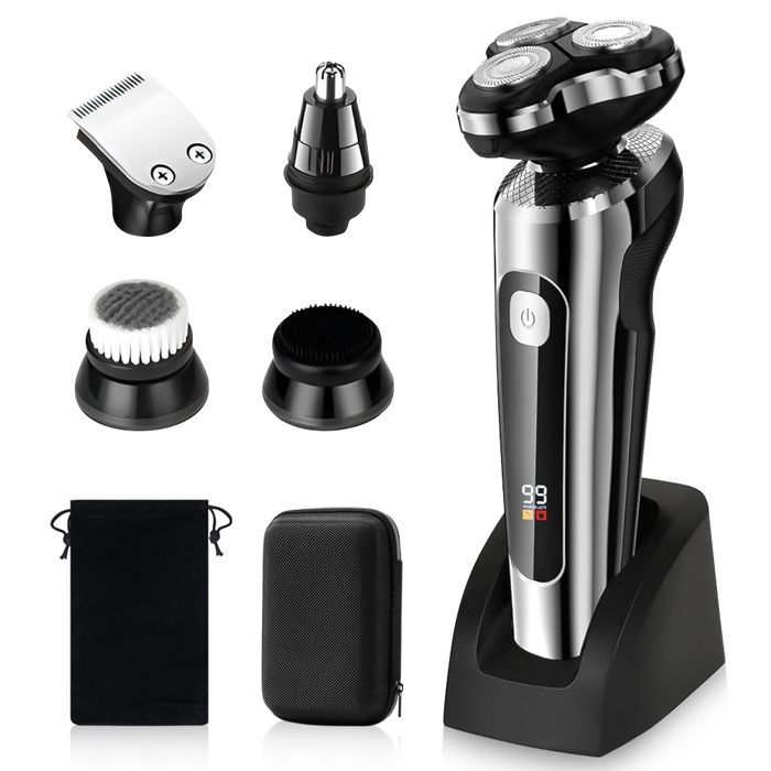 Rasoio elettrico da uomo 5 in 1, taglia barba senza fili, rasoio elettrico con display a LED, tagliacapelli con base
