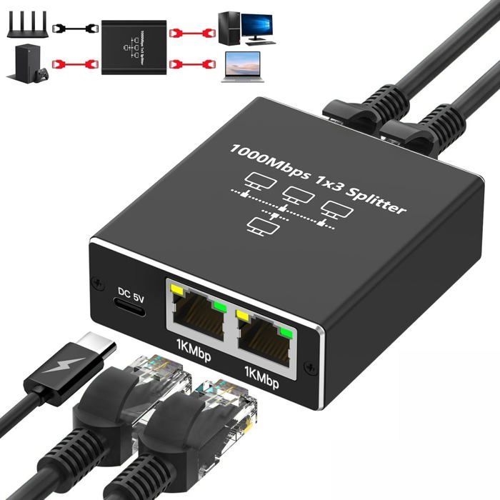 1 auf 3 RJ45 1000-Mbit/s-Ethernet-Switch, Gigabit-Splitter/Multiport für Computer, Switch, Router, Set-Top-Box, Fernseher