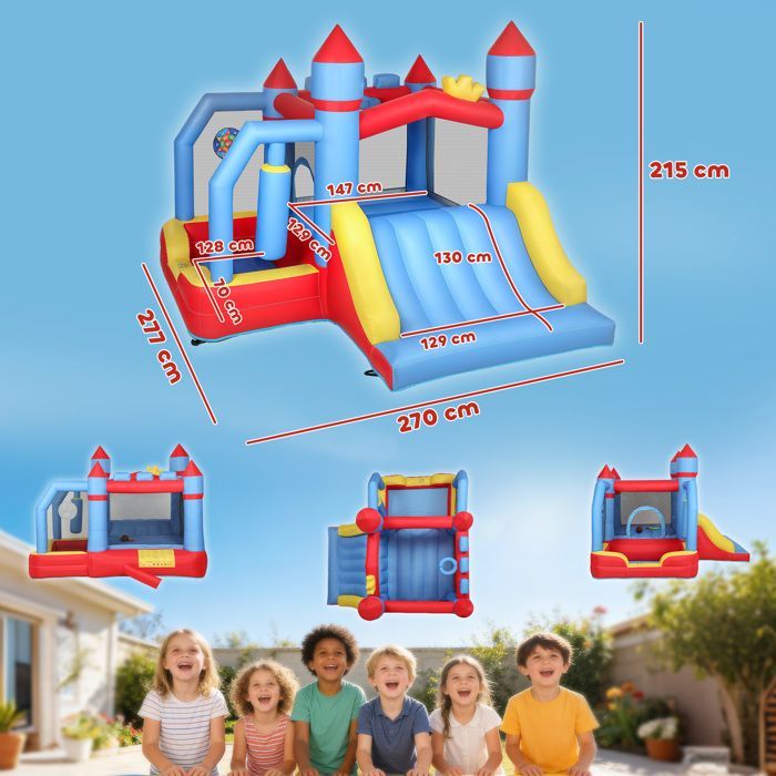 Château gonflable 5 en 1 avec souffleur, parc aquatique structure gonflable, toboggans, trampoline, multicolore