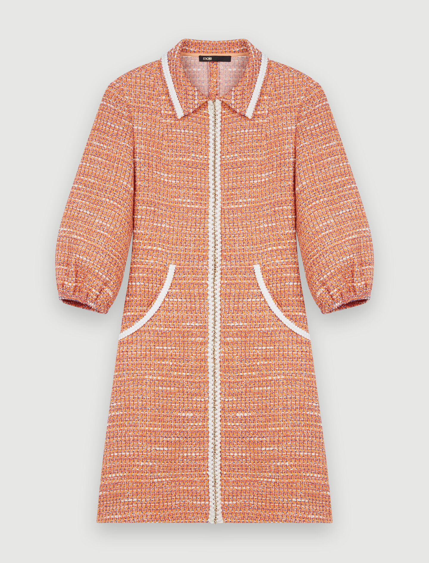 Rochie din tweed cu garnitură împletită - Portocaliu