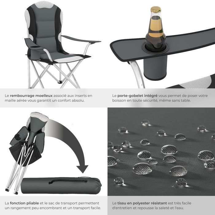 Sillas de camping - TECTAKE - Juego de 2 sillas plegables acolchadas con portavasos, 60 x 88 x 110 cm, funda de transporte - Gris