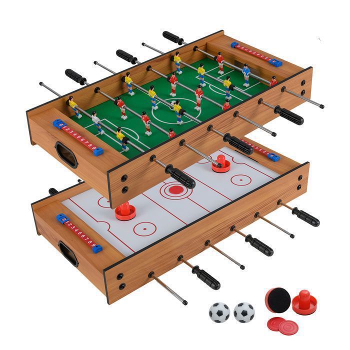 Mesa multijuegos 2 en 1: Futbolín, hockey de aire, 2 palos de hockey, 2 discos, 2 marcadores - Adultos/Niños