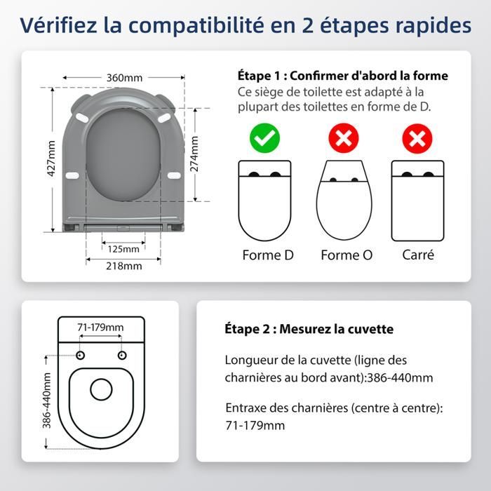 AquaWise Abattant WC Silencieuse Résine Duroplast Cuvette Wc softclose Antibactérienne Rapide à Nettoyer Démontage Facile Gris
