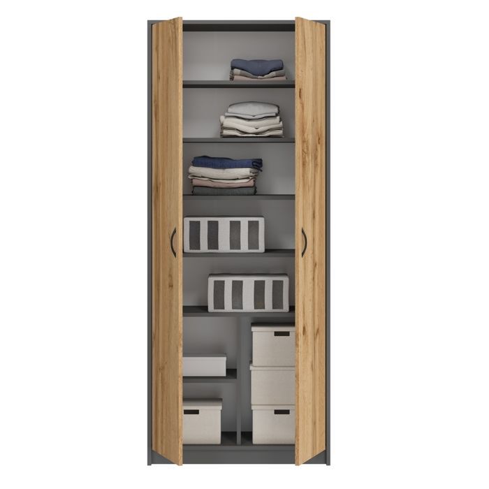 Armario de oficina de 2 puertas - Armario multiusos - 74x35x180cm - 6 estantes - Mueble de almacenamiento - Aspecto de madera + Gris