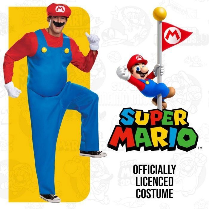 Official adult Mario costume - blue and red jumpsuit, cap and mustache