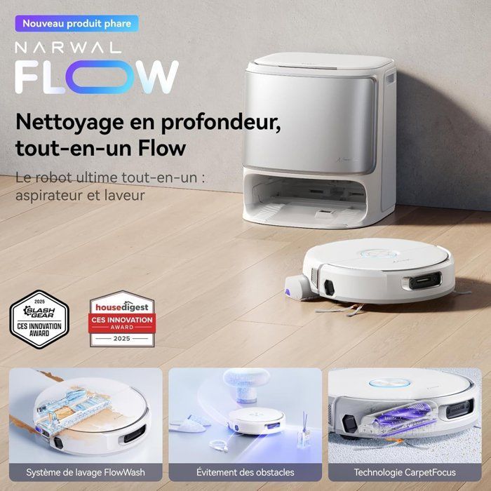 NARWAL FLOW - Robot aspirapolvere e lavapavimenti con stazione di ricarica - 22.000 Pa - DualFlow Anti-Tangling Pet Hair - Sistema di lavaggio FlowWash