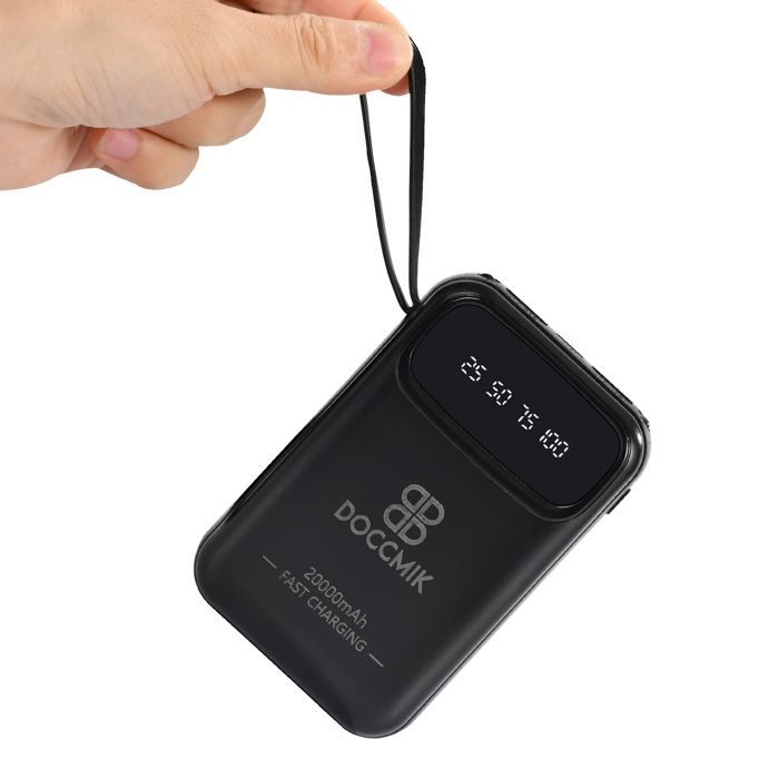 DOCCMIK Batterie Externe 20000mAh Power Bank avec 4 Câbles Intégrés Batterie Portable et LED Lampe Noir