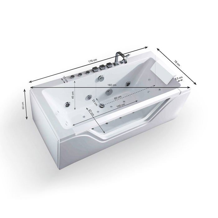 TAHITI WHITE straight whirlpool bathtub with jets, L170 x W78 x H60cm, by SPALINA