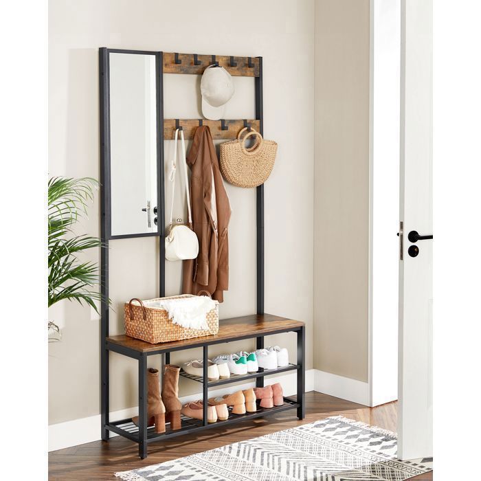 VASAGLE Hallway Furniture, Coat Rack, with Hooks, Mirror, Shoe Bench and Shelves, 36 x 98 x 185 cm, Brown and Black