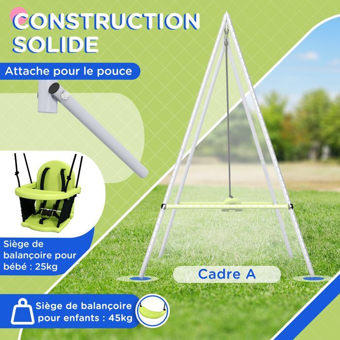 Outsunny 2-in-1 Children's Swing Set - 5-Point Indoor/Outdoor, Foldable - Metal - Green