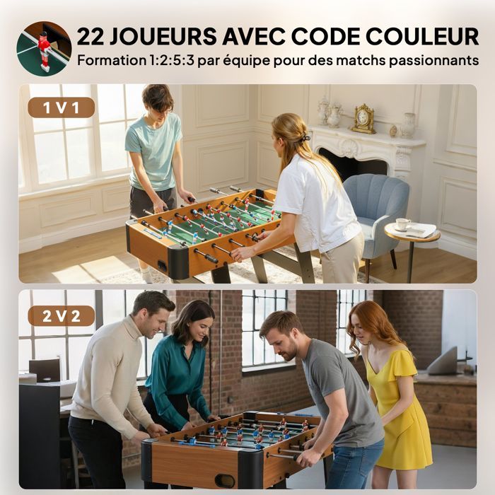 Foosball table - SPORTNOW - foldable - 2 balls, 22 players, 2 manual score counters - made of wood - 118 x 107.5 x 78 cm - brown