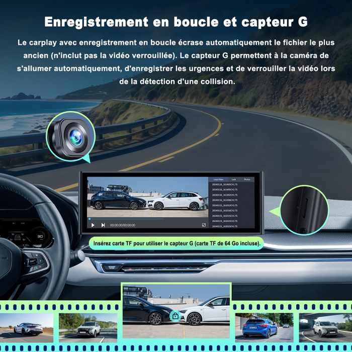 Rádio automotivo CAMPARK de 10,26 polegadas com CarPlay, câmera frontal 4K+1080P, câmera traseira, tela sensível ao toque, CarPlay sem fio e Android Auto.